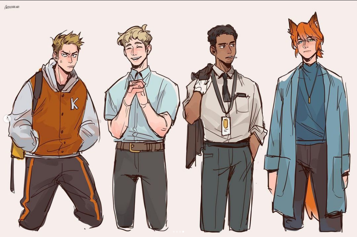 the image shows four men standing in a line against a white background. each has a distinct fashion sense, from athletic wear to business casual to trendy streetwear. the man on the far right has fox ears. the style is a loose, expressive sketch.
