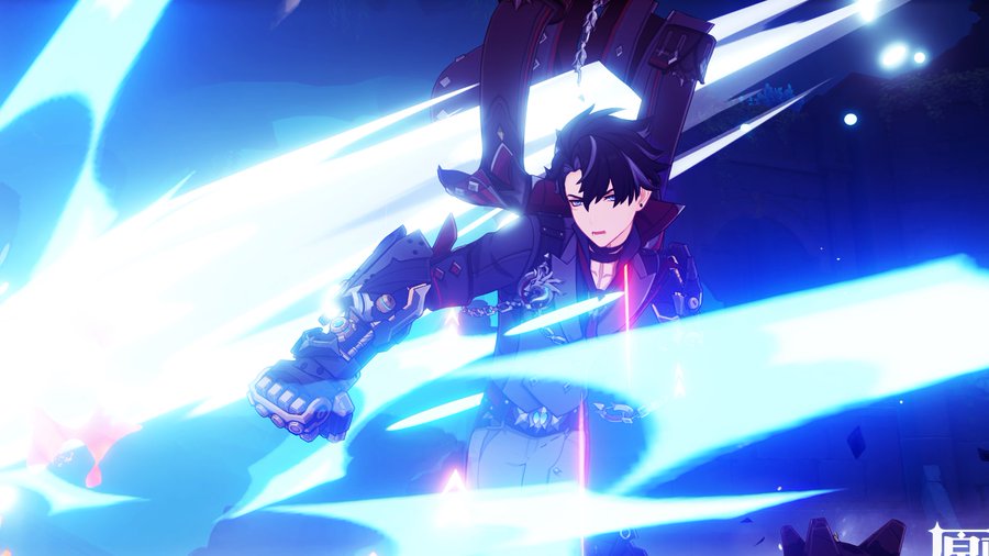 the image is a dynamic and vibrant depiction of an animestyle male character in the midst of a powerful attack. the character is centrally positioned, dressed in dark clothing with mechanical elements incorporated into his attire. his dark hair is styled to flow dynamically, enhancing the sense of motion.  his expression is determined. he is surrounded by intense, bright blue energy blasts that suggest a potent, likely electricbased, attack. the background is dark, providing a stark contrast to the bright blue energy and hinting at a nighttime or futuristic setting. the overall style is consistent with a highaction video game or anime, emphasizing visual dynamism and power. the image's composition guides the viewer's eye to the character and the energy emanating from him, capturing the intensity of the moment.