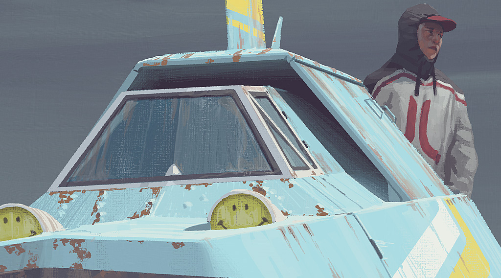 a futuristic vehicle in light blue and yellow is parked in a city. it has a smiley face on the side and is rusty and worn. a person wearing a hooded jacket is looking out the window.