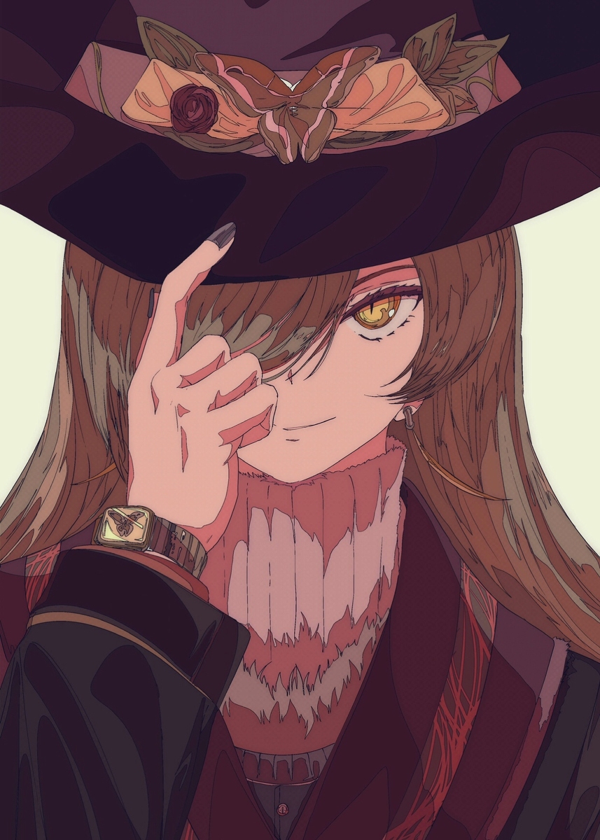 the image is a digital illustration featuring an animestyle female character. she has long brown hair, golden eyes, and is wearing a large, widebrimmed witchlike hat adorned with autumnalcolored ribbons and what seems to be a moth. her clothing is stylish and dark, including a turtleneck sweater and a dark jacket with visible lapels. she's also wearing a watch with a visible face on her left wrist.  she's partially obscuring her face with her hand, creating a sense of mystery. the overall color palette is muted and rich with autumnal tones, contributing to the overall sophisticated and slightly mysterious ambiance. the art style is highly detailed and illustrative.