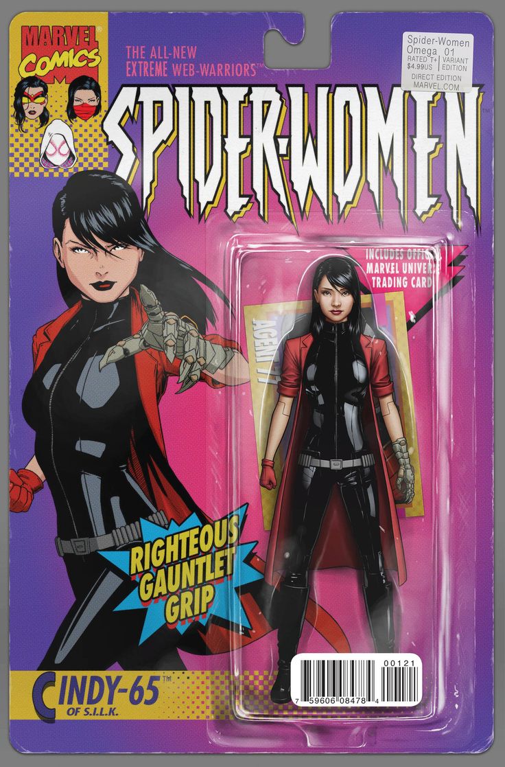 the image shows a marvel comics action figure of spiderwomen, cindy65. the action figure is packaged in a plastic blister pack with a cardboard backer. the backer features the spiderwomen logo, a description of the character, and a list of features. the action figure is posed in a dynamic action pose, with one hand on her hip and the other holding her weapon.