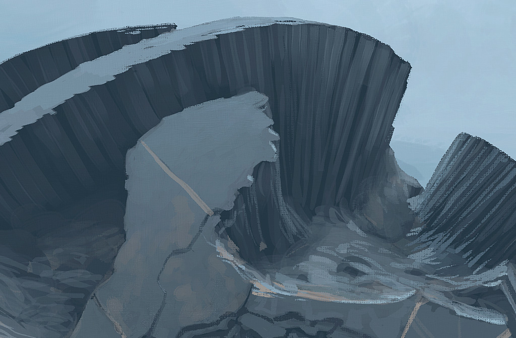 a digital painting of a mountain range with a blue and grey color palette. the mountains are abstract and surreal, with a texture of rough rock and a pattern of lines and shapes. the painting has a sense of depth and perspective, as if the viewer is looking at the mountains from a distance.