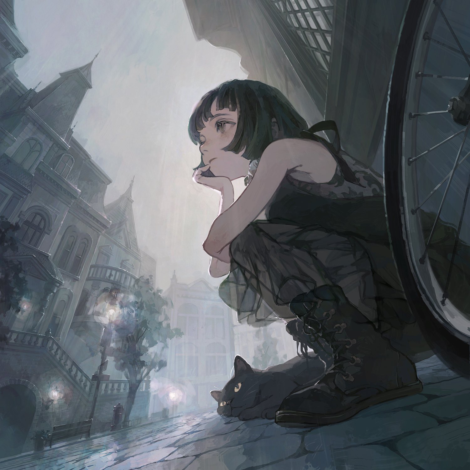 a young anime girl with black hair and a black dress is crouched down on a cobblestone street, her back leaning against a carriage wheel. she has a sad expression and is gazing into the distance. a black cat with glowing yellow eyes sits beside her. the street is wet, suggesting recent rain, and the overall atmosphere is gloomy and melancholic. the architecture evokes a european city.