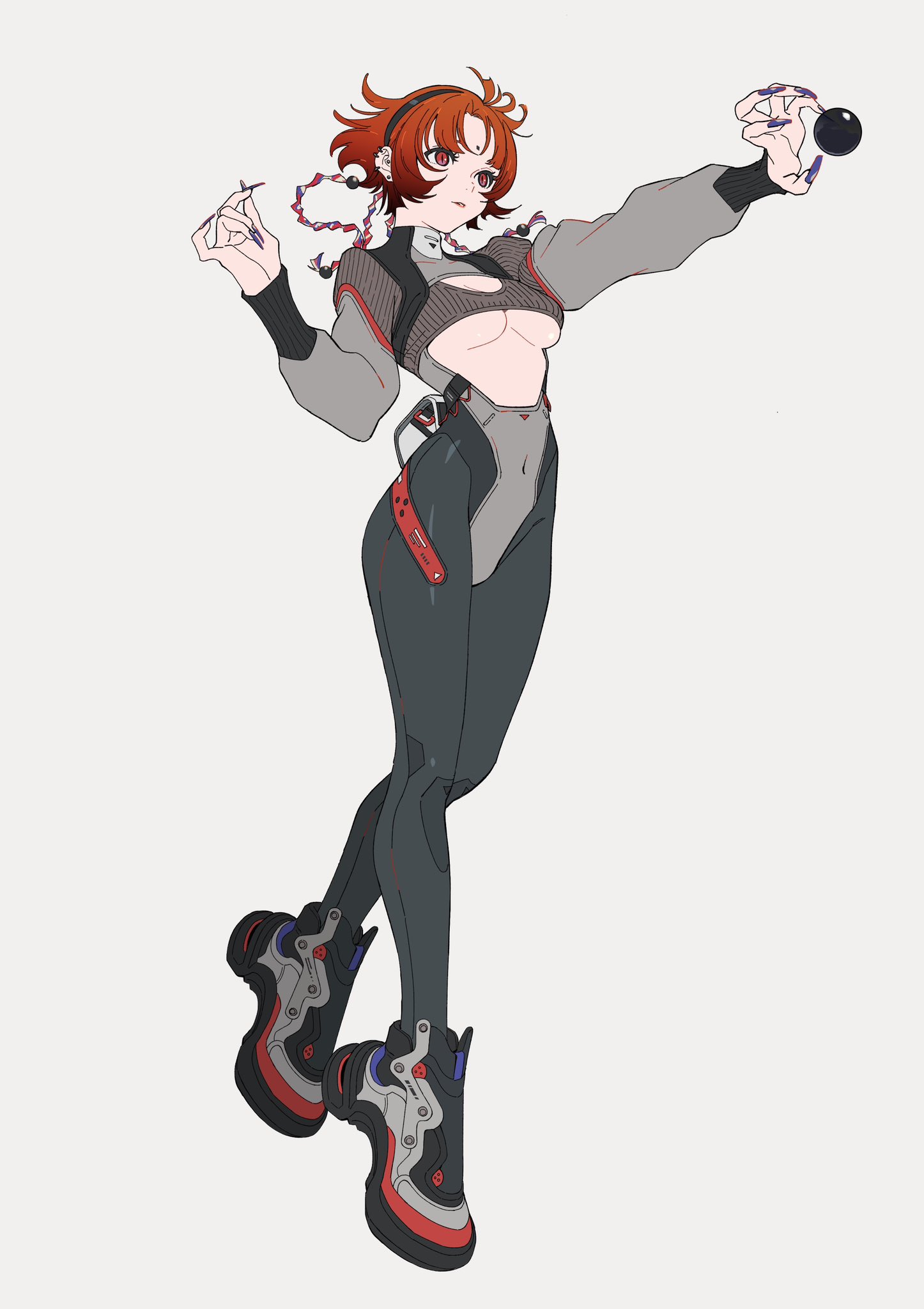 he image showcases a vibrant digital illustration of an animestyle female character. she possesses striking red hair, a futuristic outfit combining gray and black elements with red accents, and chunky, technologically advanced footwear. the character is depicted in a dynamic pose, suggesting movement and energy. her attire hints at a futuristic or cyberpunk aesthetic, possibly implying a scifi setting or story. the background is plain white, ensuring the character is the focal point of the artwork.  the overall style is sharp and detailed, suggesting a professional level of artistic skill.