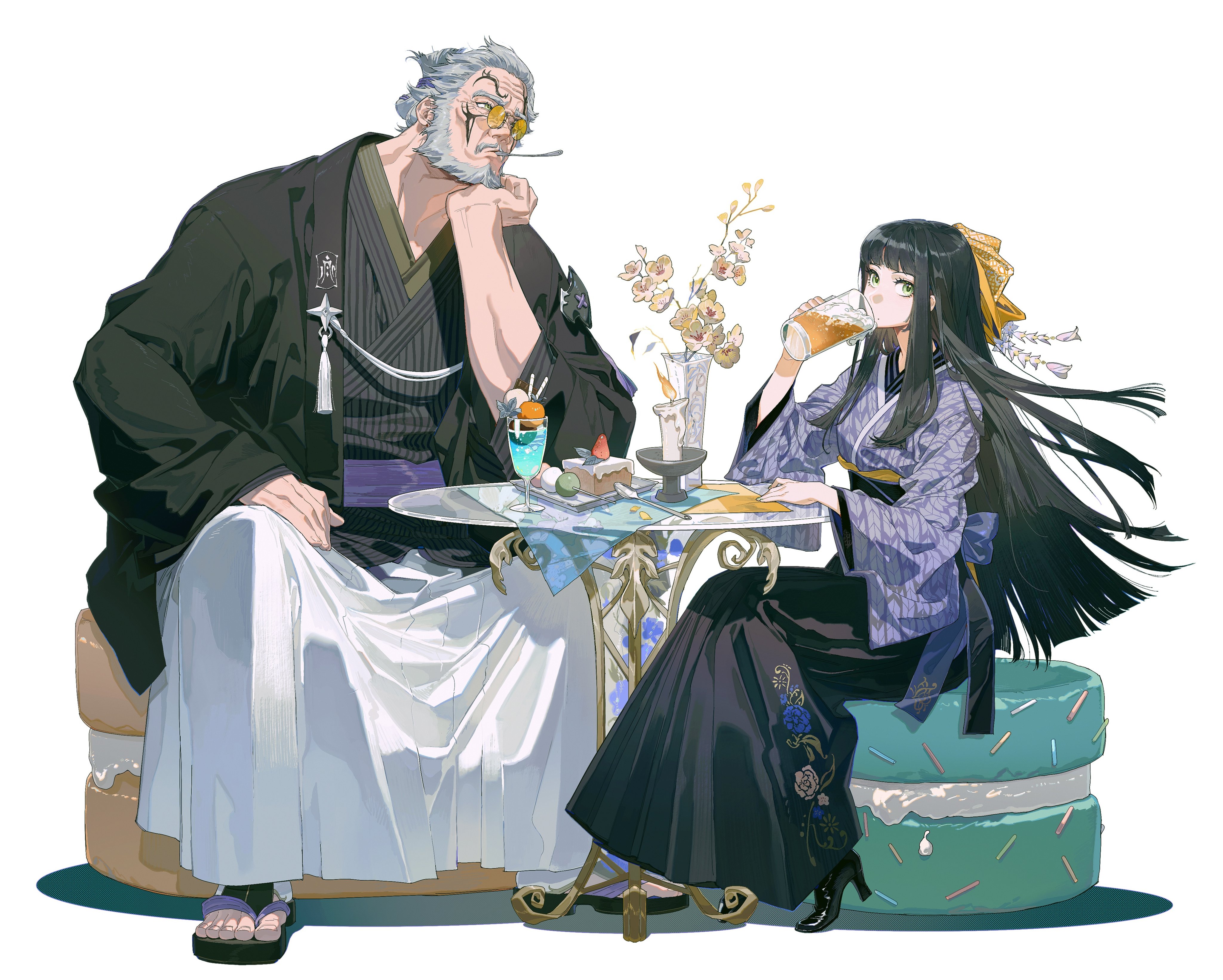 a digitallyillustrated scene of a young woman and an older man sitting at a cafe table. the woman is sitting on a pastel green and bluecolored stool. she is wearing a black and purple patterned kimono and drinking beer out of a glass. she has long black hair and a yellow ribbon in her hair.  she is facing the table and sitting to the right of the table.  an older man with a long white beard, is sitting on the opposite side of the table. he is wearing a black and white kimono. he is looking down with a thoughtful expression. he appears to be listening to the woman and is holding his hand under his chin. they are both smiling. there is a plate of sweets and two drinks on the table. the background is white.  the style of the art is highly stylized, with soft pastel colors and a whimsical feel.