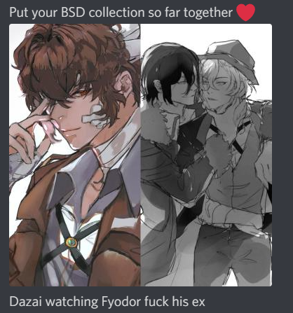the image is a split picture of two anime characters, dazai osamu from the manga "bungou stray dogs" is on the left side.  the other two characters are fyodor dostoyevsky and chuuya nakahara. dazai is shown watching as fyodor holds chuuya's hand.