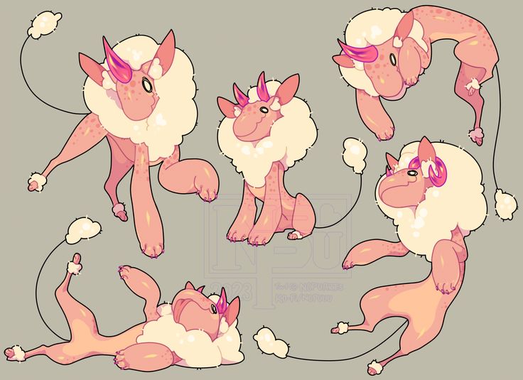 the image contains a collection of cartoon illustrations of a pink, quadrupedal mythical creature with creamcolored fluffy fur around its head and fluffy "cloud" tails. the creatures have horns and are depicted in various playful poses including sitting, standing, laying down, and jumping. the overall style is whimsical and cute, with dynamic poses giving a sense of liveliness. some of the creatures have pink spots on their light pink skin.