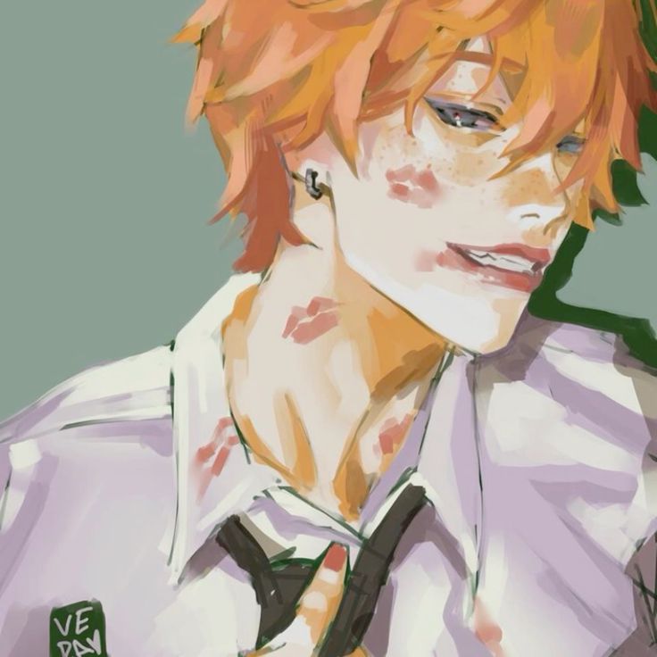the image is a digital painting or illustration in a loose, painterly style. it depicts a closeup portrait of a young anime or mangastyle boy with bright orange hair, freckles, and numerous kiss marks on his neck and face. he's wearing a light purple, loosely buttoned collared shirt with a dark tie, suggesting a school uniform. the overall color palette is soft and pastel.  his expression is pleasant and slightly suggestive, hinting at a romantic encounter. a small "ve day" marking is visible near the bottom left of his shirt. the style is expressive, focusing on capturing emotion and mood rather than precise detail.