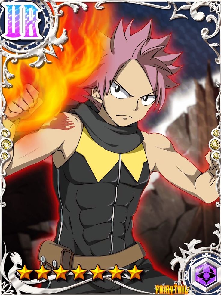 this is a character card from the anime series fairy tail, featuring natsu dragneel. natsu is a powerful dragon slayer and is known for his fierce determination and his fire magic abilities. the card shows natsu in a fighting stance, with flames swirling around him. his expression is determined and his eyes are burning with a fiery intensity. this card is a great example of the exciting and powerful nature of the fairy tail anime.
