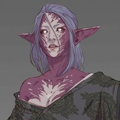 this is a digital portrait of a female elf. she has pale skin with pink scarring details, pale purple hair, and white eyes. she is wearing a dark floral kimono.