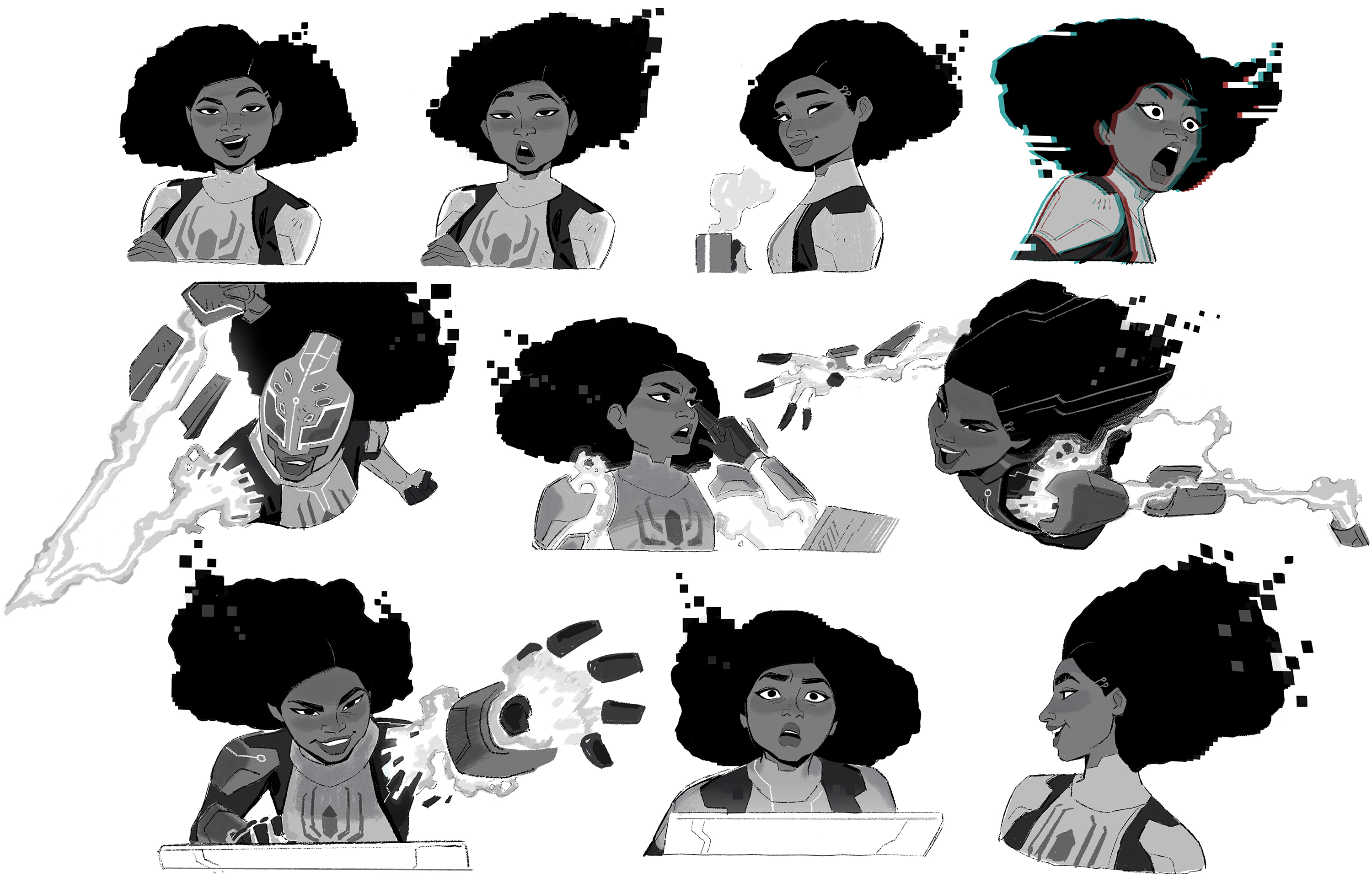 this is a digital art drawing of a woman with an afro. she is shown in various poses and expressions, some of which have a glitch effect to them. the woman is wearing a futuristic suit. in some of the poses, she is wielding energy blast.