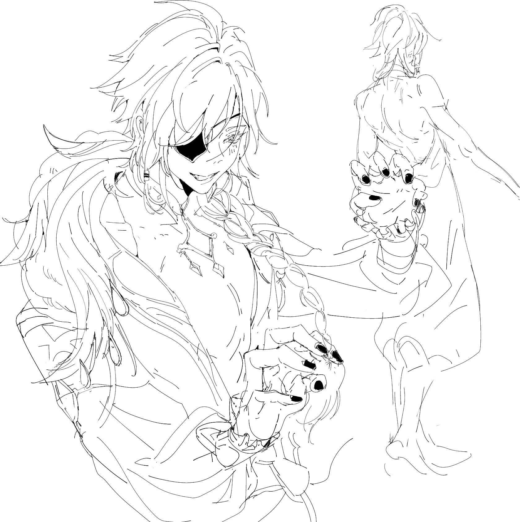 the image is a line art drawing of two anime characters. the character in the foreground is a young woman with long braided hair, wearing a stylish jacket, an eyepatch and has a cool expression on her face. her hand is holding something unseen. the character in the background is also a young woman with long hair and is wearing a long dress. the background character's hand is also holding something unseen. the overall aesthetic of the image is cool and stylish. the lines are clean and precise, giving the image a sense of movement and energy.