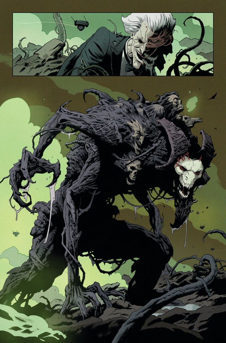 a horrifying, grotesque, dark monster with multiple heads and limbs. its body is twisted and contorted, made up of branches and roots. the monster is surrounded by dark shadows, with a sickly green background. it has sharp teeth and a malevolent look. the image is clearly taken from a comic book, and evokes a sense of horror and dread.