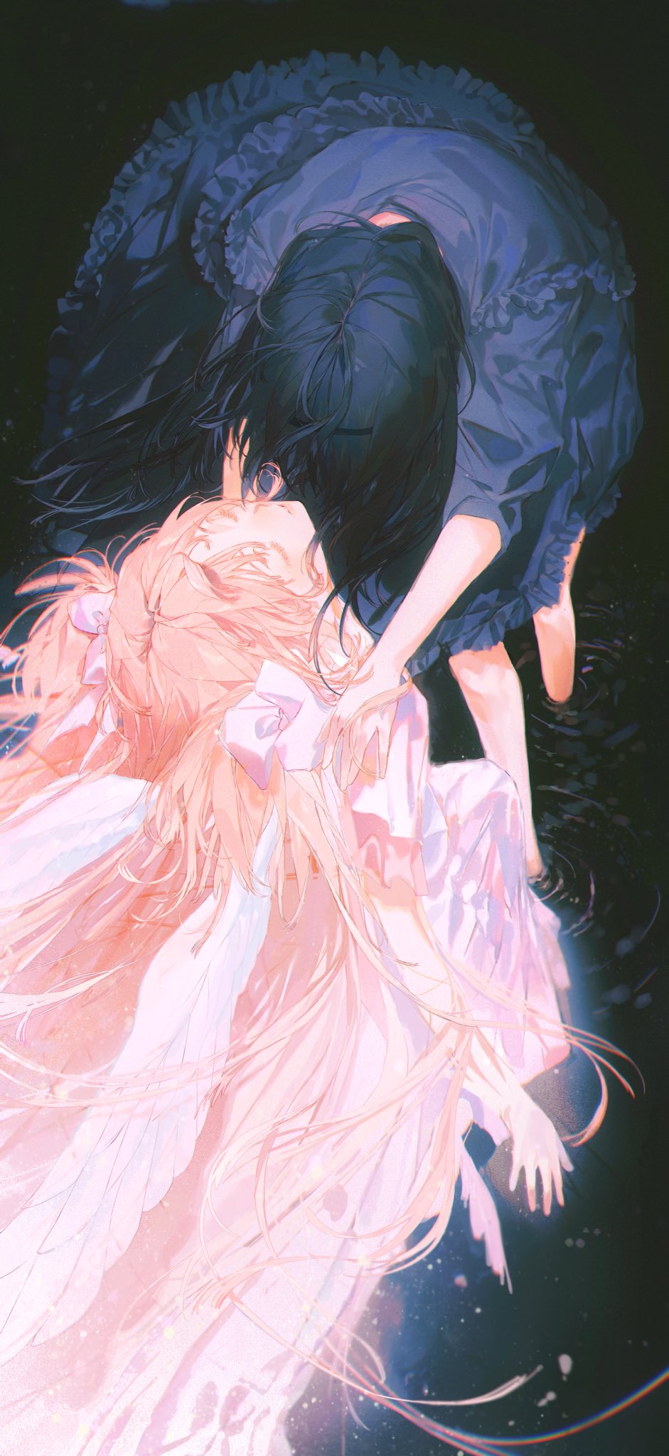 the image is a beautiful and ethereal illustration of two anime girls. one girl is dressed in a pink and white dress and has long, flowing pink hair. she is floating in the air, surrounded by a soft glow. the other girl is dressed in a dark blue dress and has long, black hair. she is holding the first girl's hand, as if they are about to fly away together. the background is a dreamy, starry night sky. the overall mood of the image is one of love, friendship, and wonder.