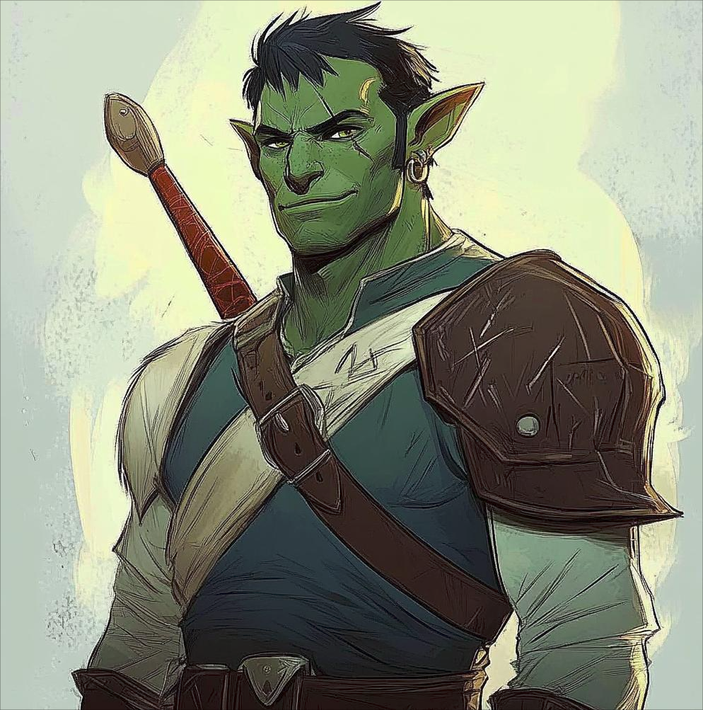 the image is a digital painting or illustration of a male halforc warrior. he has green skin, pointed ears, and a confident expression. he's wearing a blue tunic with offwhite sleeves, brown leather armor (including a prominent pauldron), and a leather belt.  a sword is strapped to his back. the art style is stylized, leaning towards a painterly feel with visible brushstrokes. the background is a muted, light graybeige that keeps the focus entirely on the character.  the overall impression is that of a strong and perhaps heroic fantasy character, possibly from a roleplaying game or fantasy novel.