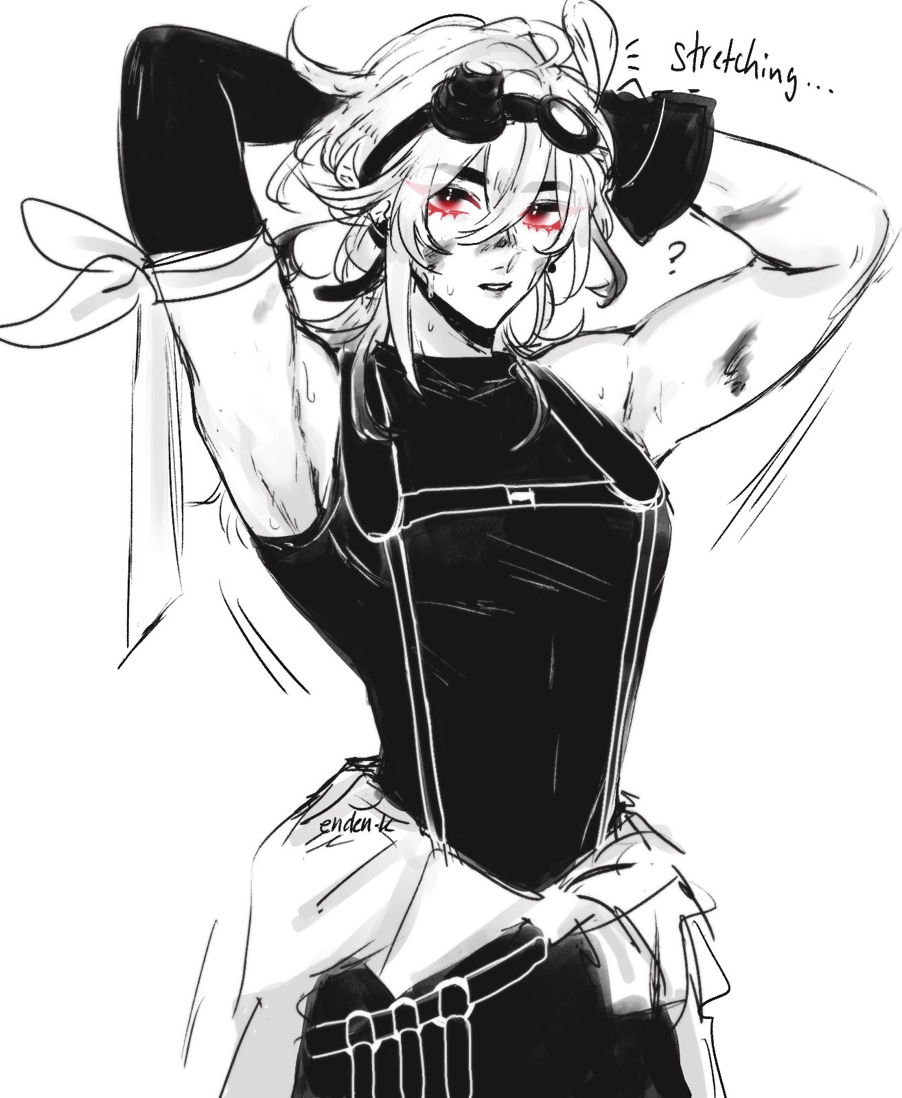 this is a line art illustration of a young woman with long, flowing hair and goggles. she is wearing a dark suit and is stretching her arms out. the art is done in black and white with strong lines and shading.
