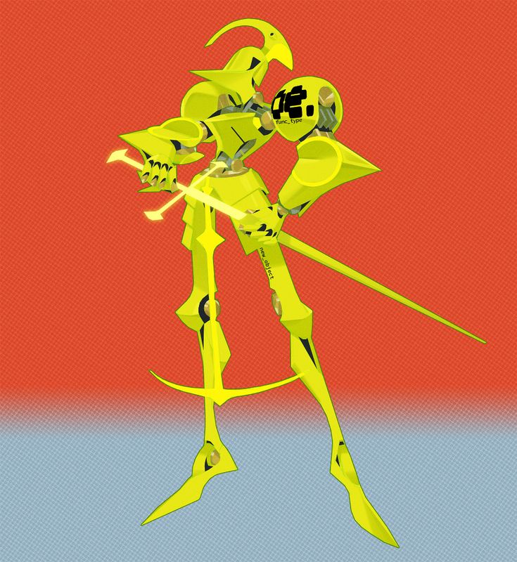 a yellow robot is standing against a red and blue background. it has a sword in its hand, and its body is a very stylized design. the robot has armor on its head and chest, and its legs are long and thin. it looks like a character from a video game or comic book.
