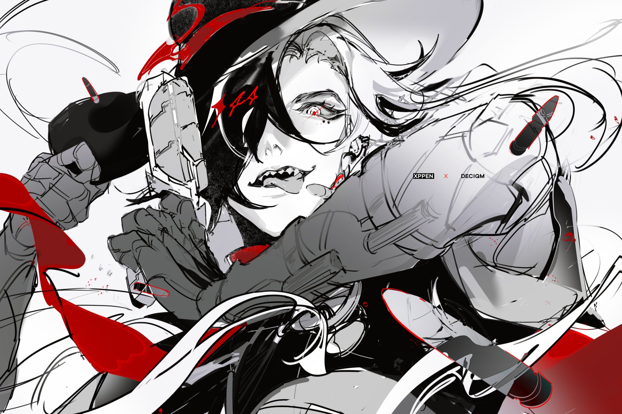 this is a digital art illustration of an anime character in a very stylized, dynamic pose. the character is depicted as a warrior or soldier, wearing a helmet and a mask. they are wielding a gun and surrounded by dynamic lines and shapes. the artwork is a mix of black and white, with red accents. it gives the viewer a sense of speed, power, and energy.