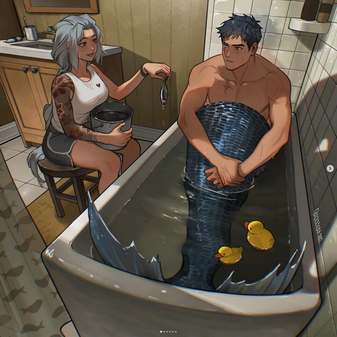 the image showcases a romantic scene between a woman and a merman in a bathroom setting. the woman, with grey hair and tattoos, sits atop a stool and holds a bucket filled with water and a fish, offering it to the merman. the merman, with blue scales and a muscular physique, sits in a bathtub filled with water, his tail gracefully curled within. two yellow rubber ducks float beside him. the bathroom is adorned with fishpatterned wallpaper and features a wooden cabinet and a white tiled wall. the lighting is bright and appears to be natural, illuminating the scene warmly. the perspective is from a high angle, providing a comprehensive view of the endearing interaction.