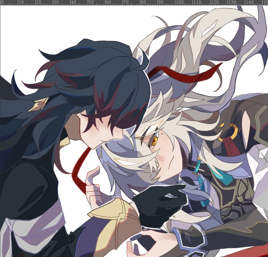 an animestyle image depicting two young men, one with long, black hair and a dark outfit and the other with long, white hair and a teal and black outfit. they are close together, appearing to be in a loving embrace.  the image implies a romantic relationship.  the male with the white hair is staring intently at the other man's lips.  the man with the black hair is looking at the other man with closed eyes, his cheek pressed against the other man's cheek. the image appears to be from a manga or anime, and is likely to be fan art.