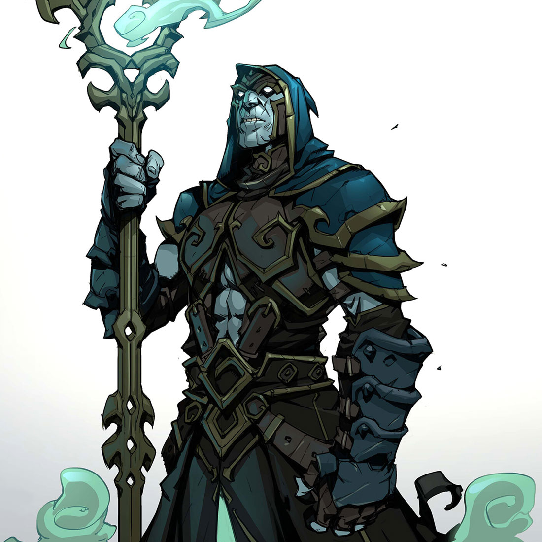 this is a digital illustration of a fantasy character. the character is a male mage, wearing armor and holding a staff. the mage is wearing a blue robe and has a dark, menacing look. the art style is cartoonlike and slightly stylized. the background is a simple white color, allowing the character to stand out.