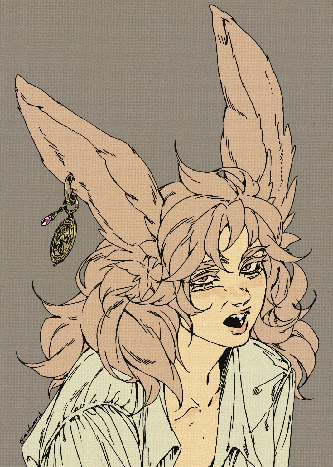 this is a digital art illustration of a girl with long pink hair and rabbit ears. she is wearing a white shirt with a gold necklace and has a surprised expression with her mouth open. the background is a soft grey.