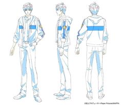 this is a character design sheet showing a male character from multiple angles. he is wearing a white jacket with blue stripes and a black shirt underneath. he is also wearing white pants and shoes. the character has short, spiky hair. the image is a sketch, rendered in shades of blue and white.
