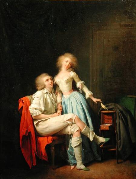 this is a painting of a man and a woman indoors, seemingly in the 18th century rococo era. the man is seated on a reddraped chair, dressed in white clothing and a wig, wearing green shoes and light colored stockings. the woman stands beside him, wearing a lightcolored top, and a blue dress. she holds a letter above a small cabinet. the scene is set against a dark background.