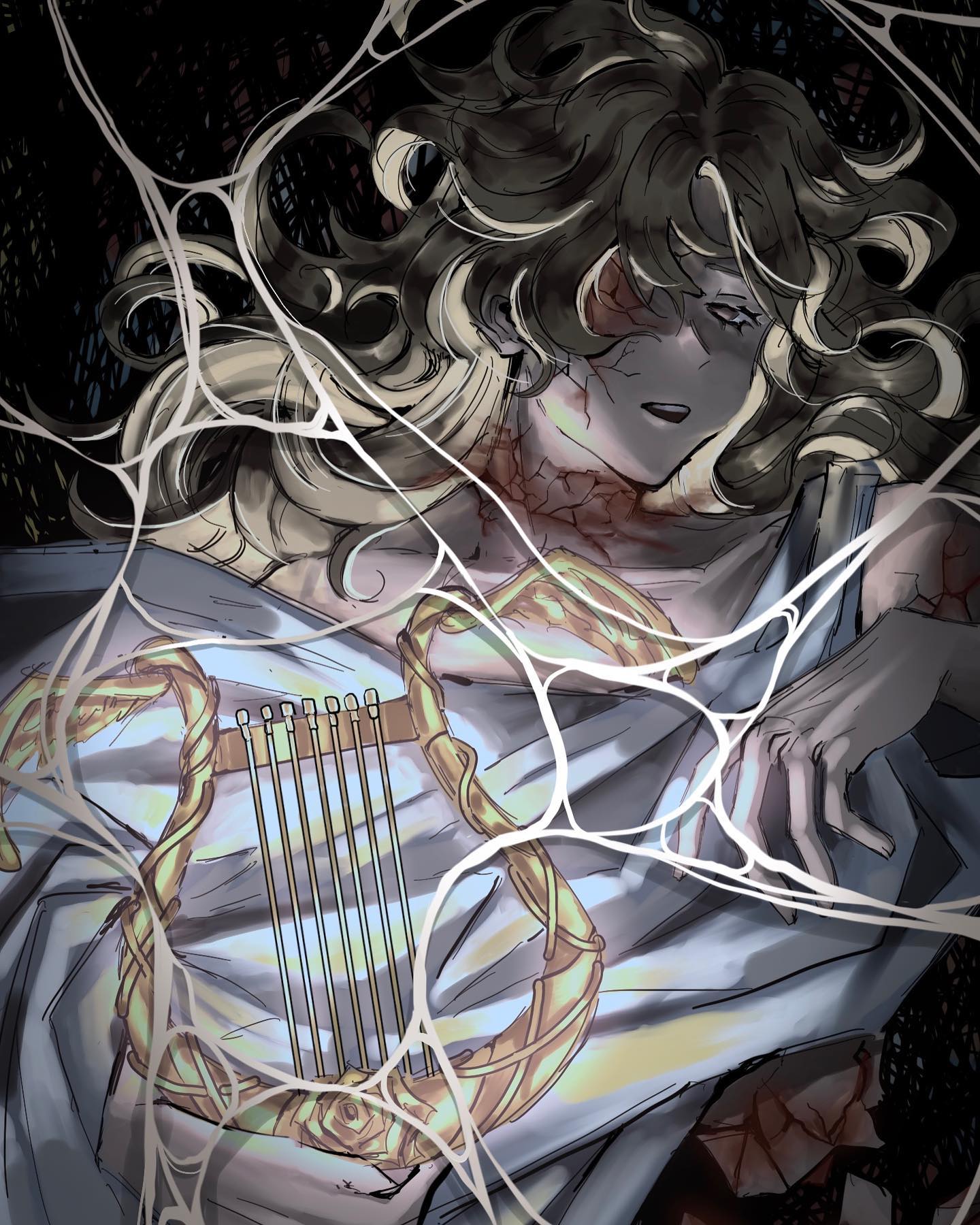 a woman with long blonde hair lies trapped in a web with her lyre laying nearby. she has numerous cuts and wounds across her body, and her face is filled with sadness and defeat. the image is drawn in a comic book style with a dark and moody palette.