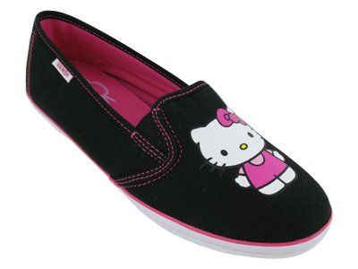 a black slipon shoe with a white sole and pink lining. the shoe features a hello kitty design on the side.