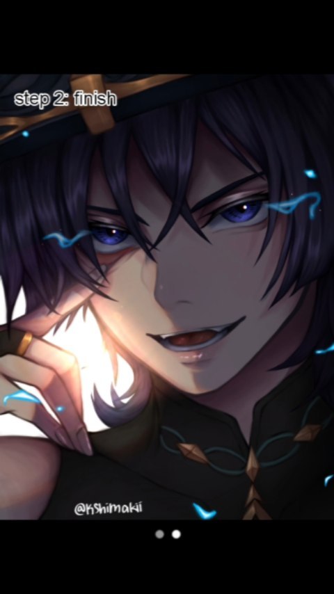 the image is a digital fan art illustration of a male anime character.  the character has long, dark purple hair, intense blue eyes, and a sly smirk. he's wearing a dark, elegant outfit with gold accents.  a caption reads "step 2: finish," suggesting this is the final stage of a digital art process.  glowing blue effects accentuate the character's eyes and hands. the art style is highly polished and detailed. the artist's tag @kshimaki is visible in the lower right.  the overall mood is dark, mysterious, and captivating.