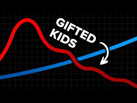 the image shows a graph with a red line that peaks and then decreases, and a blue line that steadily increases. the text "gifted kids" is positioned between the two lines with an arrow pointing downwards from the text to the blue line. the graph is set against a black background.