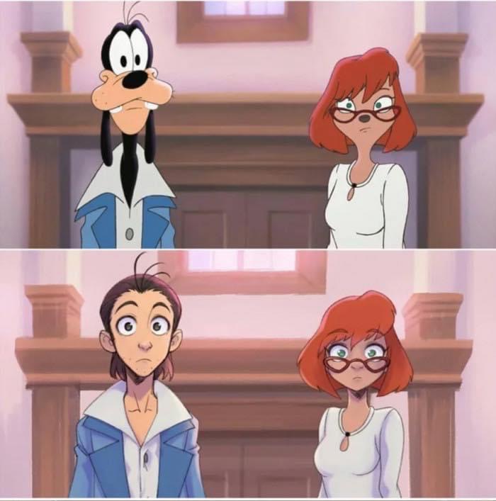 this is a picture of goofy and a human girl, as well as the human versions of them. the goofy version is looking off to the left, while the human girl is looking at him, with a look of concern on her face. the human version of goofy is looking to the right, while the human girl is looking straight at the viewer. the top part of the picture shows goofy wearing a blue jacket and white shirt. the human girl is wearing a white shirt and white jacket. the bottom part of the picture shows the human goofy wearing a blue jacket and white shirt, and the human girl is wearing a white shirt and white jacket. the picture is set in a room with white walls and wooden trim. it appears to be in a house of some sort. the overall tone of the picture is one of love, with the characters seeming to be happy and close to one another. the picture is bright and light, giving the impression that it was created by a cartoonist or animator.