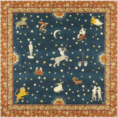 an ornate vintage rug or textile design with the zodiac symbols on it.  there is a blue background with gold stars, and the zodiac animals are displayed in a classic style.  the background is surrounded by a goldcolored frame with red trim.