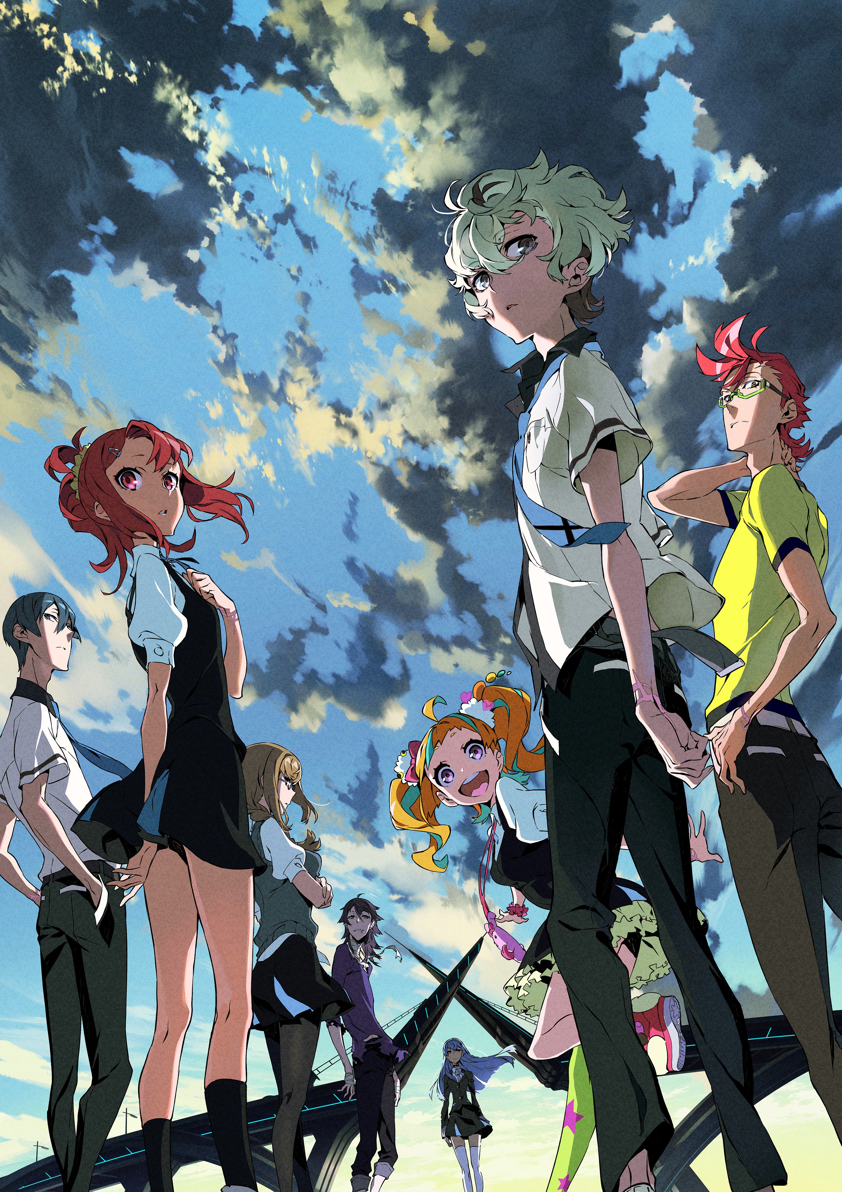 the image features a group of eight anime characters, all with unique, colorful hairstyles, standing together outdoors. they are positioned on a platform, with futuristic swords extending upwards behind them. the background features a vibrant blue sky filled with large, fluffy clouds. the overall lighting is bright, creating an uplifting atmosphere. the low camera angle contributes to a sense of grandeur and importance of the characters.  many of the characters are wearing variations of a school uniform.