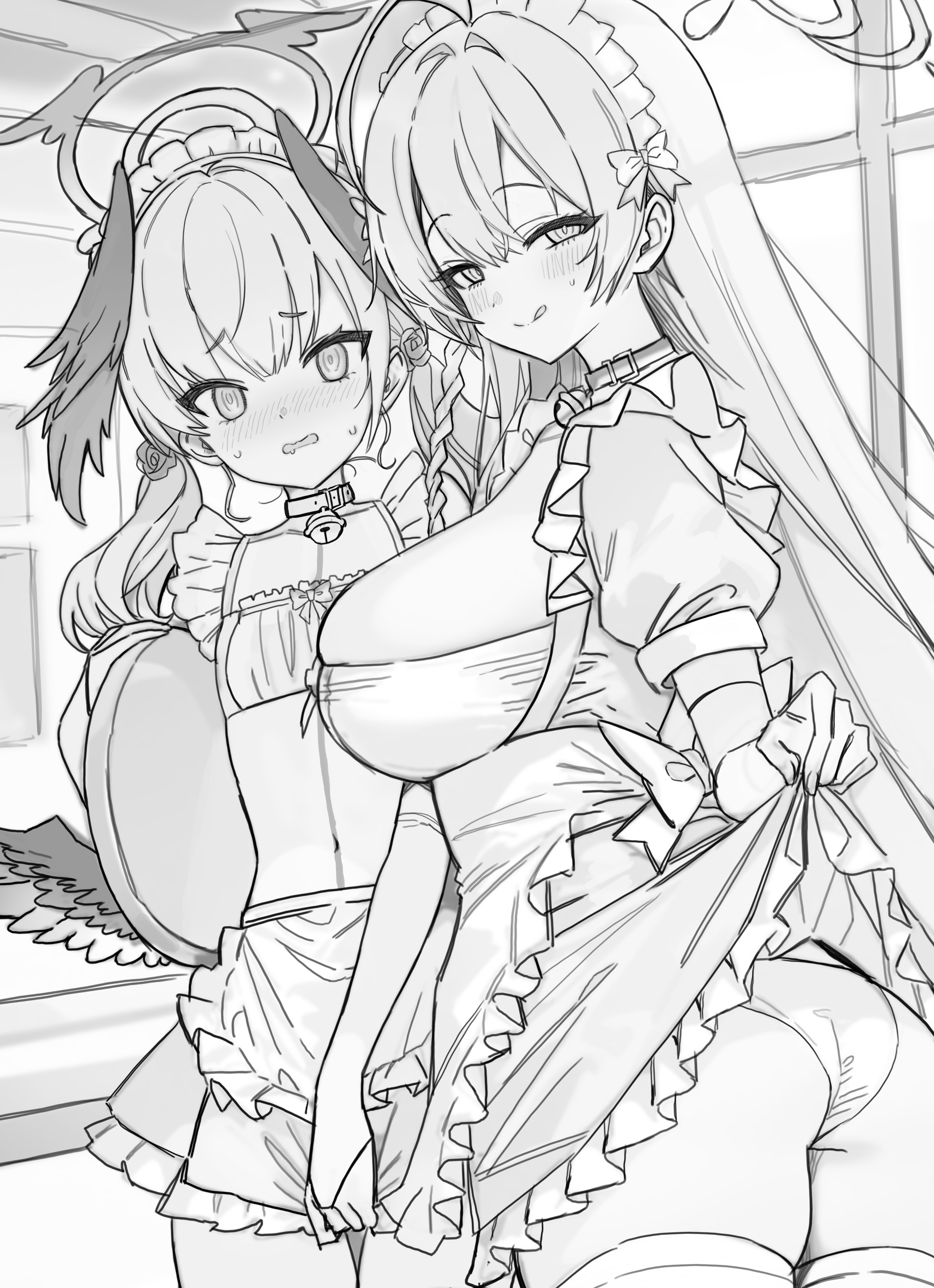 two anime girls wearing maid outfits are shown. one is in the foreground holding up her skirt slightly to reveal her lingerie, she has long straight hair and a suggestive smirk. the other girl is in the background and is blushing and embarrassed. she has short hair in pigtails with decorative elements.