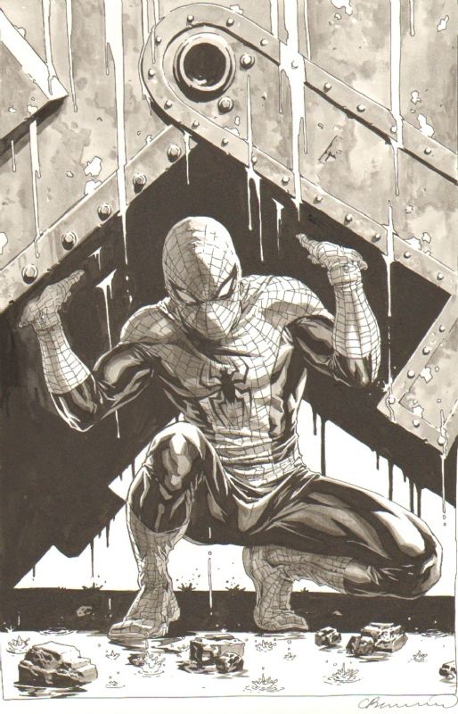 this is a black and white illustration of spiderman in a dynamic pose. he is holding a large metal plate over his head with one hand and is in a crouched position with the other hand outstretched in front of him. the image is done in ink and pen and has a gritty, realistic style. it is reminiscent of a comic book cover or page.