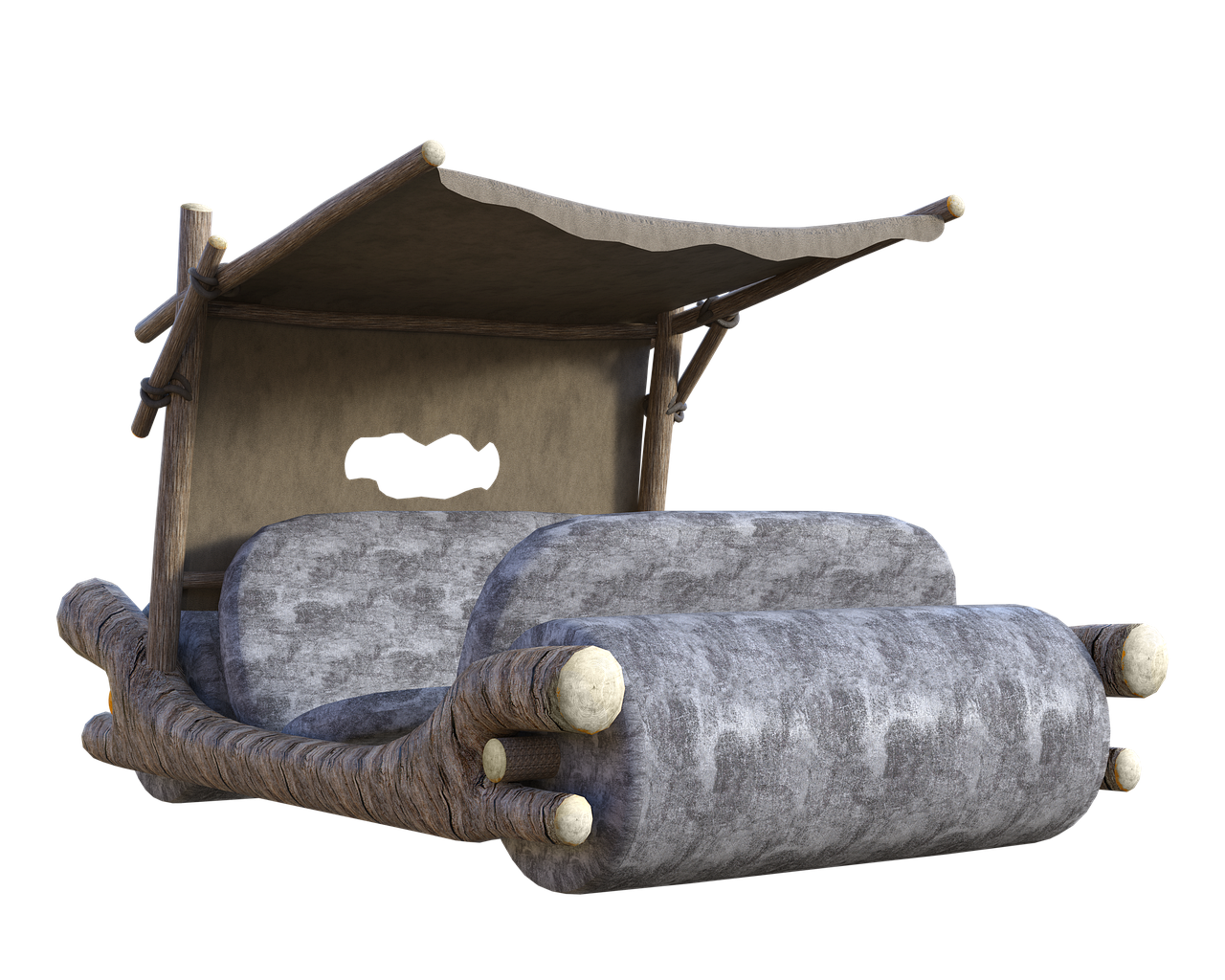 a cartoonish rendering of the flintstones' car, showcasing its stone wheels, wooden frame, and canvas top against a black background.