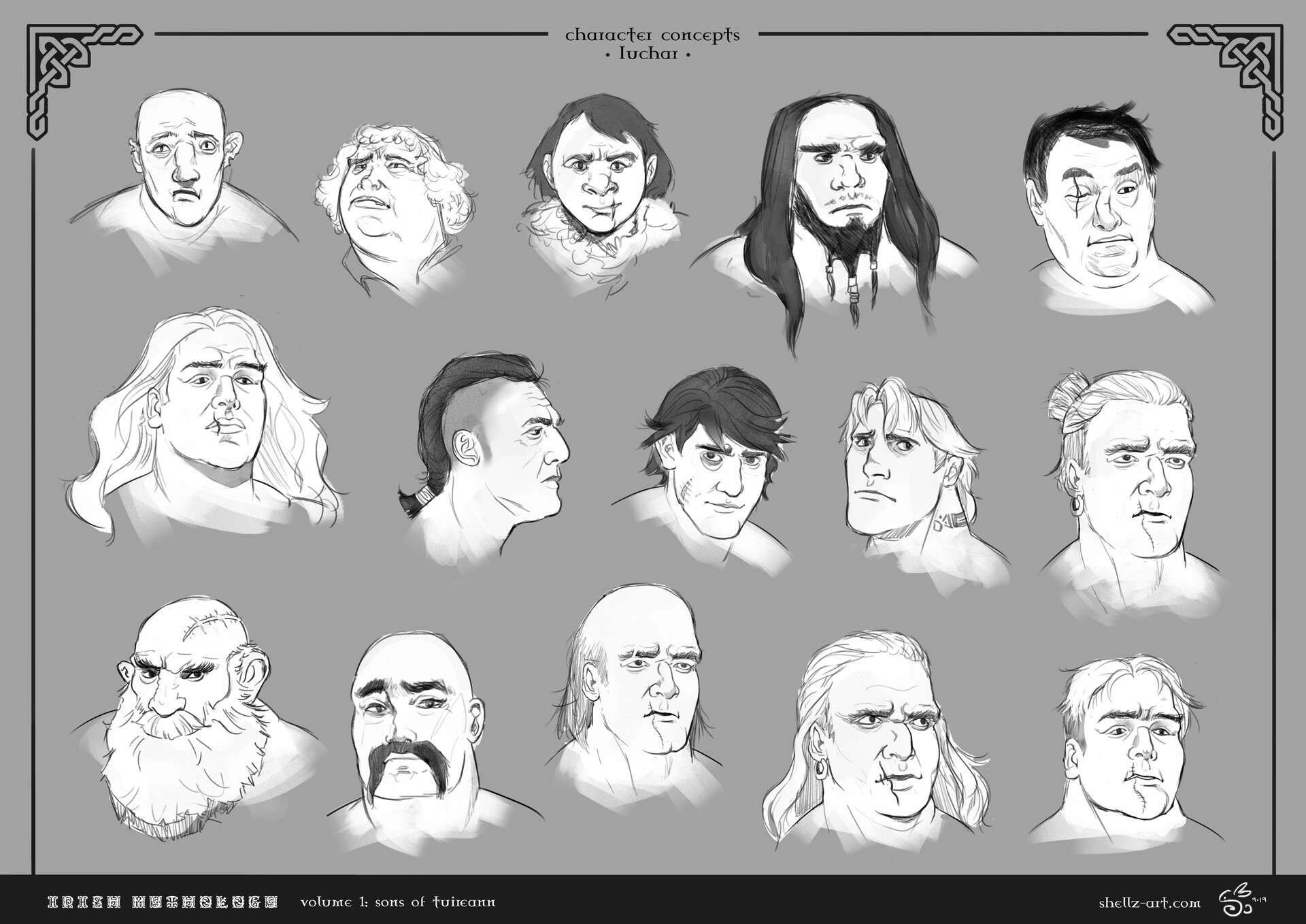 the image displays a collection of black and white sketches illustrating various character concepts, specifically focusing on headshots. these concepts are labeled as "character concepts • iuchar," and are part of "irish mythology volume 1: sons of tuireann." the sketches showcase a diverse range of faces with different expressions, hairstyles (including long and short hair, baldness), and facial features such as beards, mustaches, and scars. the art style is reminiscent of line art with monochrome shading. decorative celtic knot elements adorn the upper corners of the image. the bottom of the image also contains credits and website information.