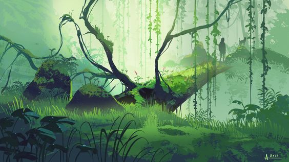 a shadowy figure stands on a mossy log bridge that winds through a vibrant green jungle. lush vegetation covers the forest floor and climbs the tall trees.  the scene is illuminated by soft, dappled sunlight filtering through the canopy.