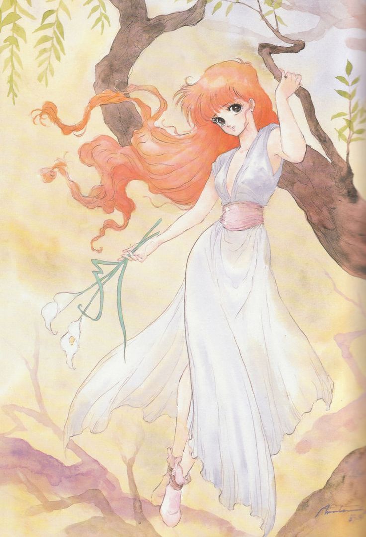 a watercolor illustration of a young woman with long, flowing red hair wearing a long, white dress with a pink sash, standing next to a tree. she is holding a bouquet of white lilies. the background is a soft blend of yellow and brown hues.