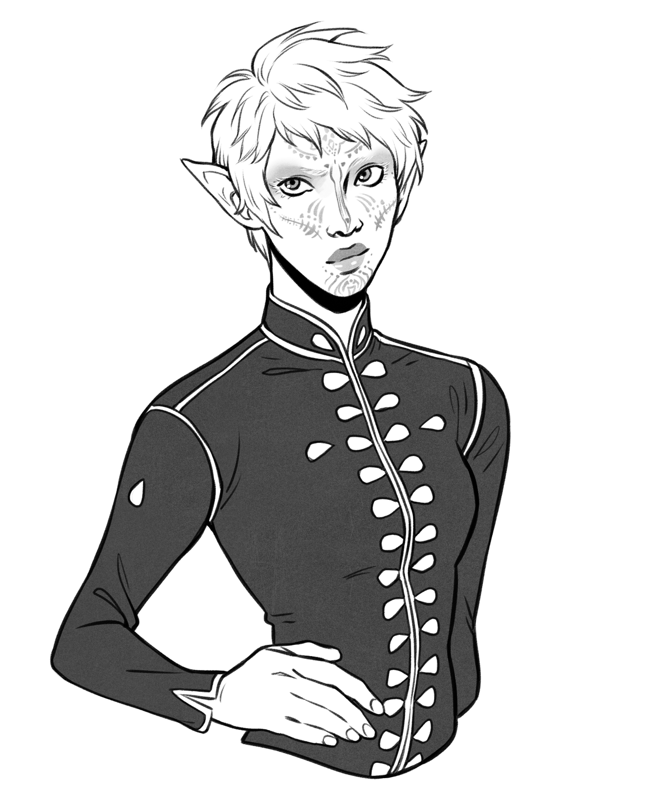 the image is a black and white drawing of an elf with short hair and pointed ears. the elf is wearing a doublebreasted jacket with decorative buttons down the front. they are posing with one hand on their hip. the elf has facial markings that resemble stylized water droplets.