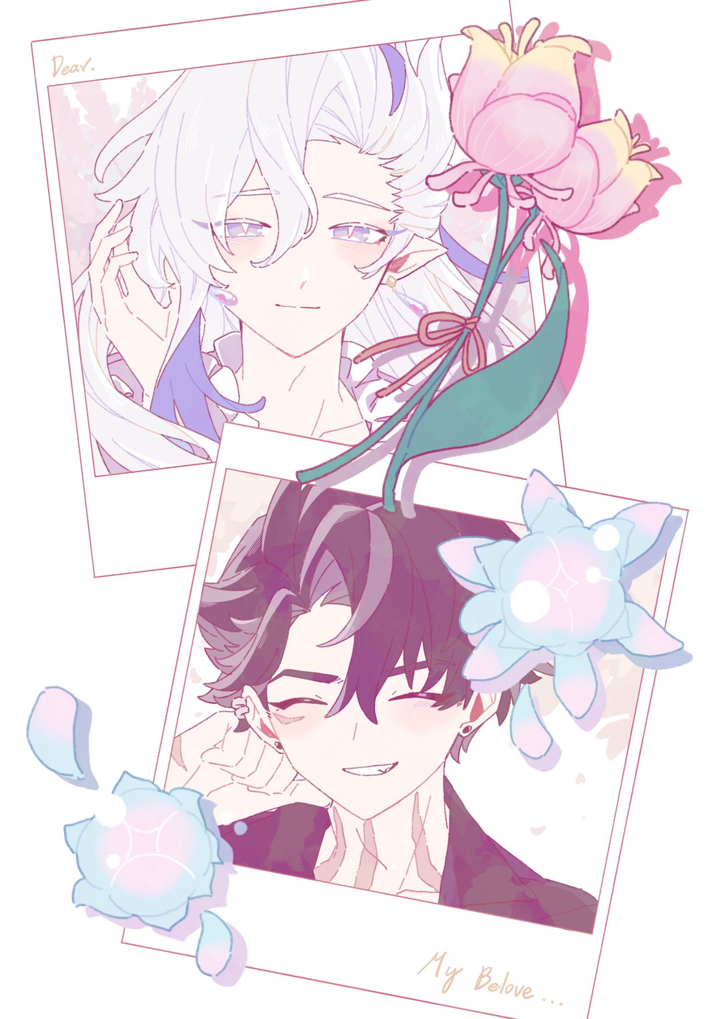 the image is a piece of fanart depicting two animestyle boys in a romantic setting.  the art style is soft and pastel, with pink and purple tones dominating.  each boy is featured in a separate polaroidstyle frame, overlaid on top of one another. the frames are decorated with flowers and other decorative elements. one boy has long white hair with purple undertones, while the other has dark purple hair.  the overall mood is one of gentle affection and romance. the text "dear..." appears in the top left corner of the top polaroid, and "my beloved..." in the bottom right corner of the bottom one.