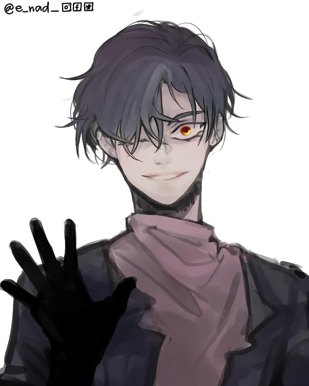 the image is a digital painting or drawing of an animestyle male character. he has dark, slightly messy hair that covers part of his forehead, and one eye is visible, revealing a striking orange iris. he has a subtle smile and is wearing a dark jacket and a mauvecolored scarf. his left hand is raised in a wave or greeting gesture, and he is wearing a dark glove. the background is plain white, allowing the character to be the focus of the image. the overall style is soft and slightly blurry, giving a dreamy or atmospheric feel. the artist's watermark is visible in the upper left corner.