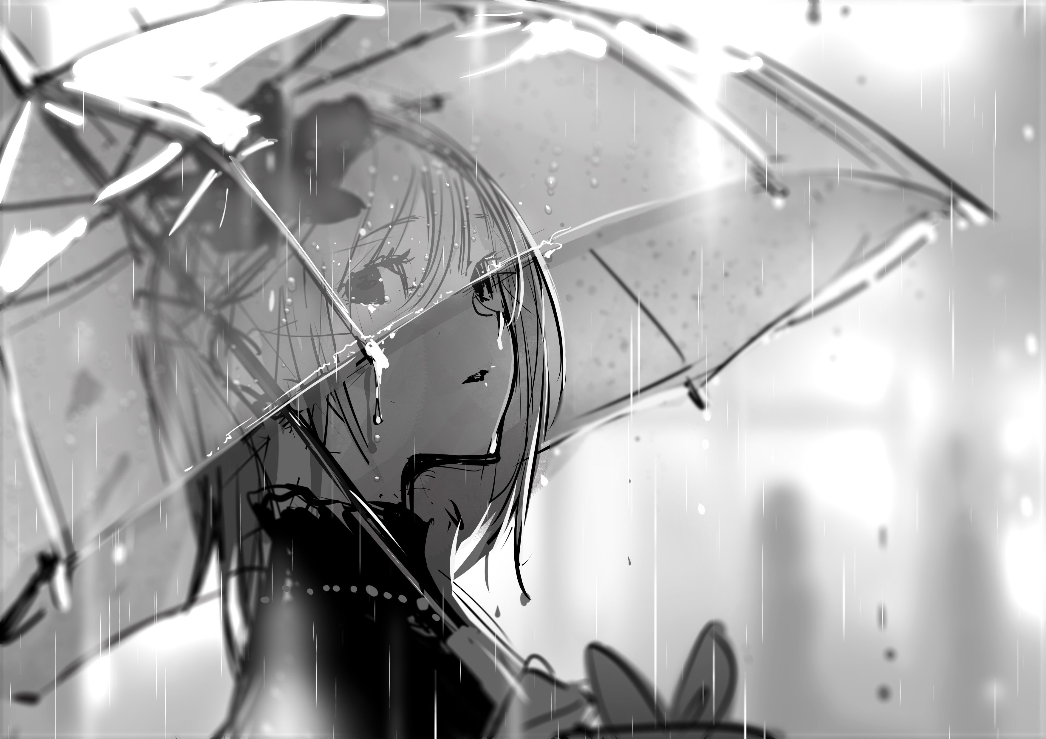 the image is a black and white illustration of an anime girl holding an umbrella in the rain. the girl is looking down and to the side, and her expression is sad. the background is a blurry cityscape, and the rain is coming down hard. the image has a soft, romantic feel to it.