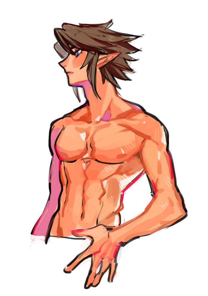 the image is a digital painting or sketch of a shirtless, muscular anime or mangastyle male character. he has elflike pointed ears and brown hair. his body is highly defined, showcasing a sixpack and toned musculature. the style is loose and painterly, with visible brushstrokes and a somewhat unfinished quality. the character is depicted from the side, looking away from the viewer, and his hand is gesturing near his lower abdomen. the background is plain white, emphasizing the character. the overall tone is suggestive of fantasy or action genre.