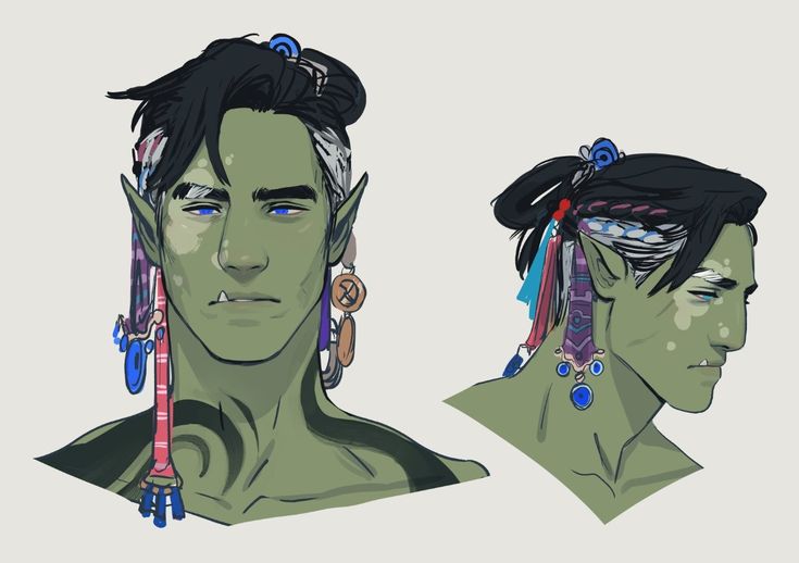this digital illustration depicts a fantasy orc character with green skin, blue eyes, and black hair tied up. the orc is wearing colorful tribal jewelry, including earrings. the image shows both a frontal view and a side profile of the orc's head.  the background is white.