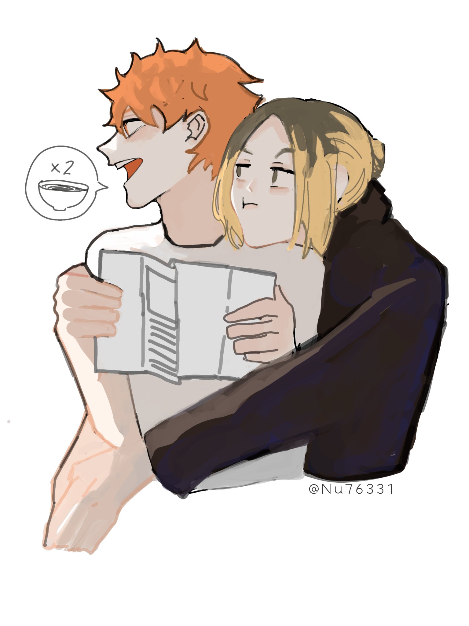 an illustration of two anime characters hugging, one with orange hair and the other with light brown hair, both with wide smiles. the orange haired character is holding a book and the other is leaning into the orange haired character's side. they look happy and in love.