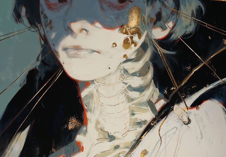 he image is a closeup detail of a contemporary art painting depicting a woman's portrait.  the style is expressive and abstract, with visible brushstrokes and a blend of realism and surrealism.  the woman's face is partially obscured, with hints of gold leaf and a skeletal, almost decaying, undertone visible beneath the skin. the background is dark and moody, contrasting with the lighter tones of the face and the gold accents. there's a sense of mystery and fragility in the portrayal, creating a visually striking and thoughtprovoking artwork.  the painting includes thin gold lines that extend outward from the subject's head.  a smaller figure is visible in the bottom right corner, lying on the ground.