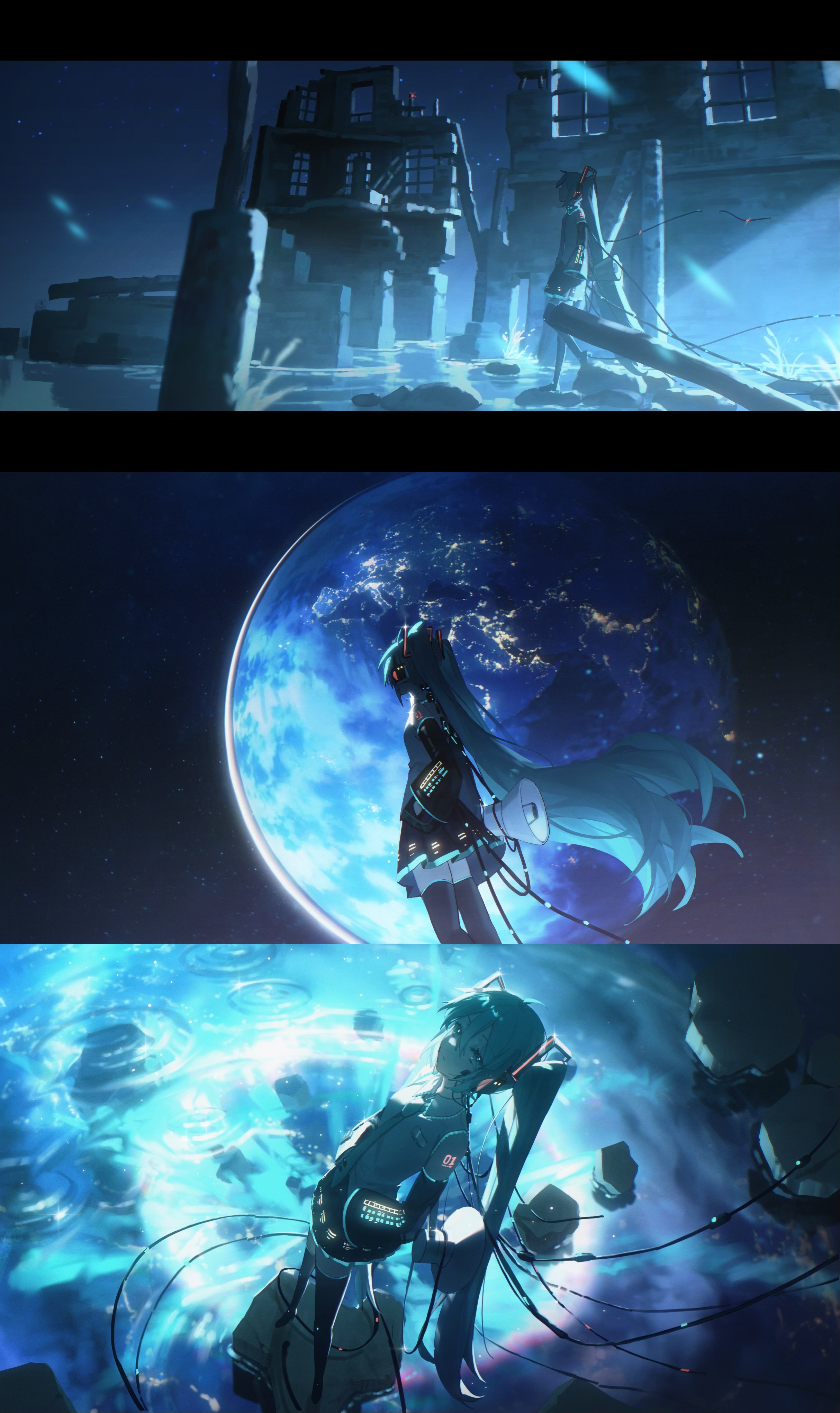 the image shows three panels. the first panel depicts a flooded cityscape with ruined buildings, suggesting a postapocalyptic or dystopian setting. the second panel features hatsune miku standing in space, with earth as a backdrop. the final panel shows hatsune miku in a watery, ethereal environment with floating debris or rocks. the overall color scheme is dominated by blues.